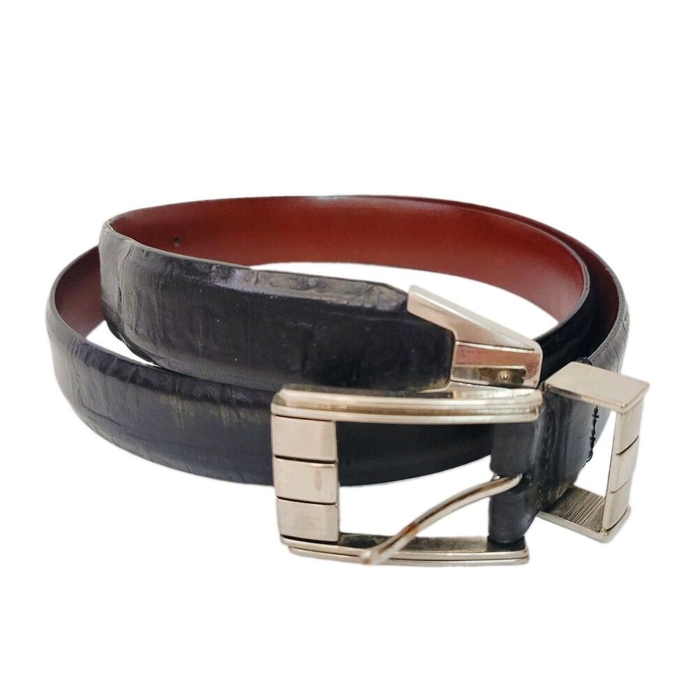 Johnston & Murphy Handcrafted Black Italian Leather Croc Embossed Belt